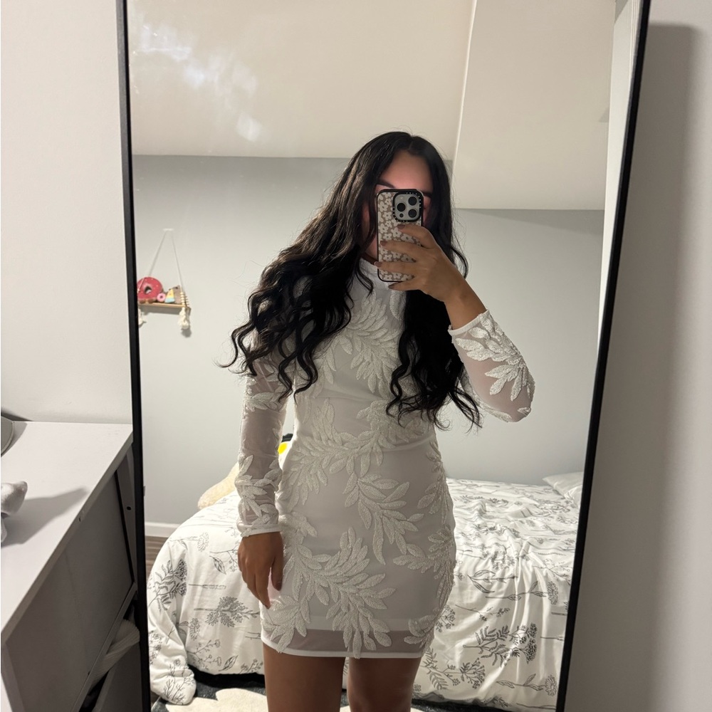 Off white mock neck sequin short dress